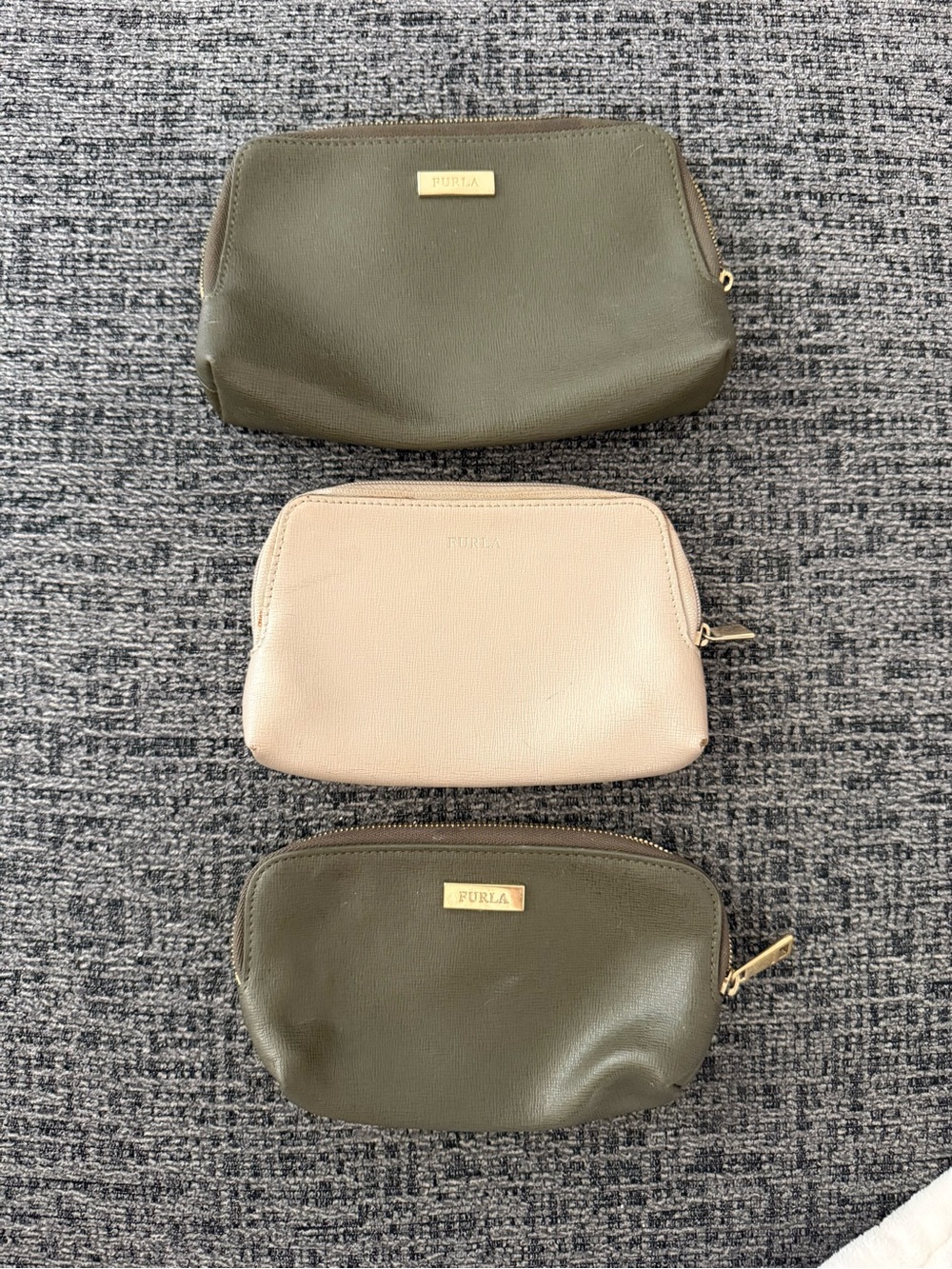 Furla Olive and Cream Leather Cosmetic Pouches - Set of 3